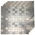 Self-adhesive metal backsplash tiles with silver-gray and light gray square brick pattern