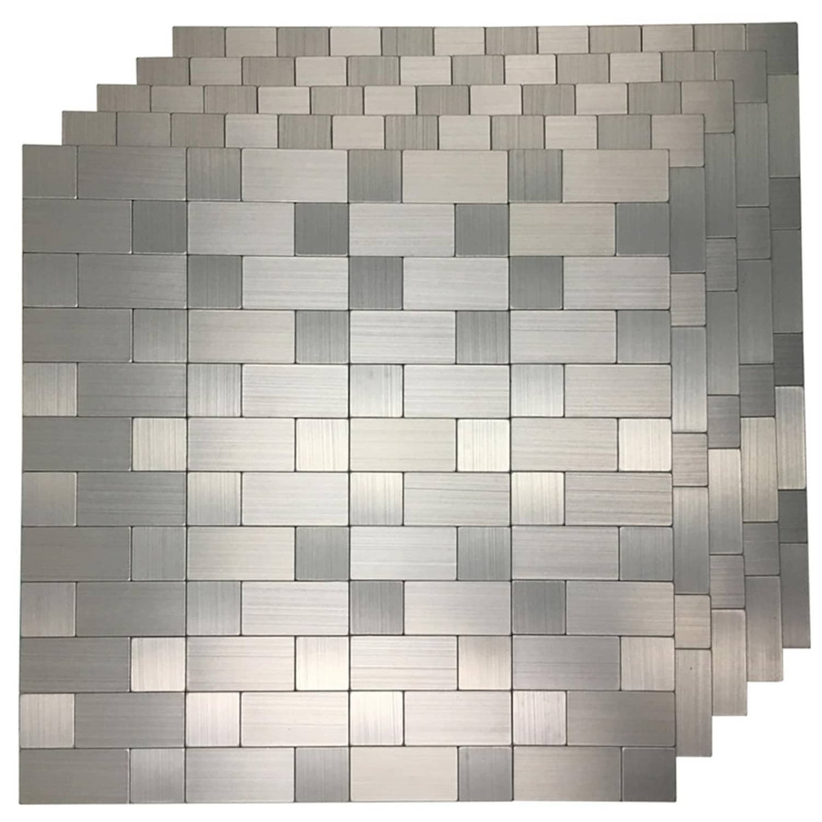 Self-adhesive metal backsplash tiles with silver-gray and light gray square brick pattern
