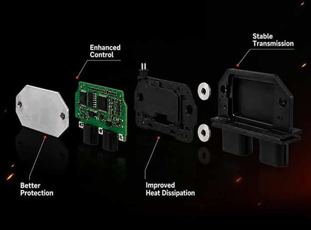 Ignition control module breakdown view with circuit board and housing parts