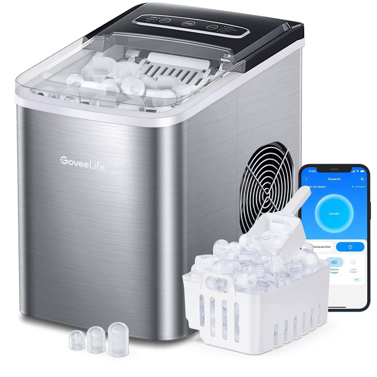 Stainless steel ice maker on counter with visible vent fan, ice bin, and smartphone controls