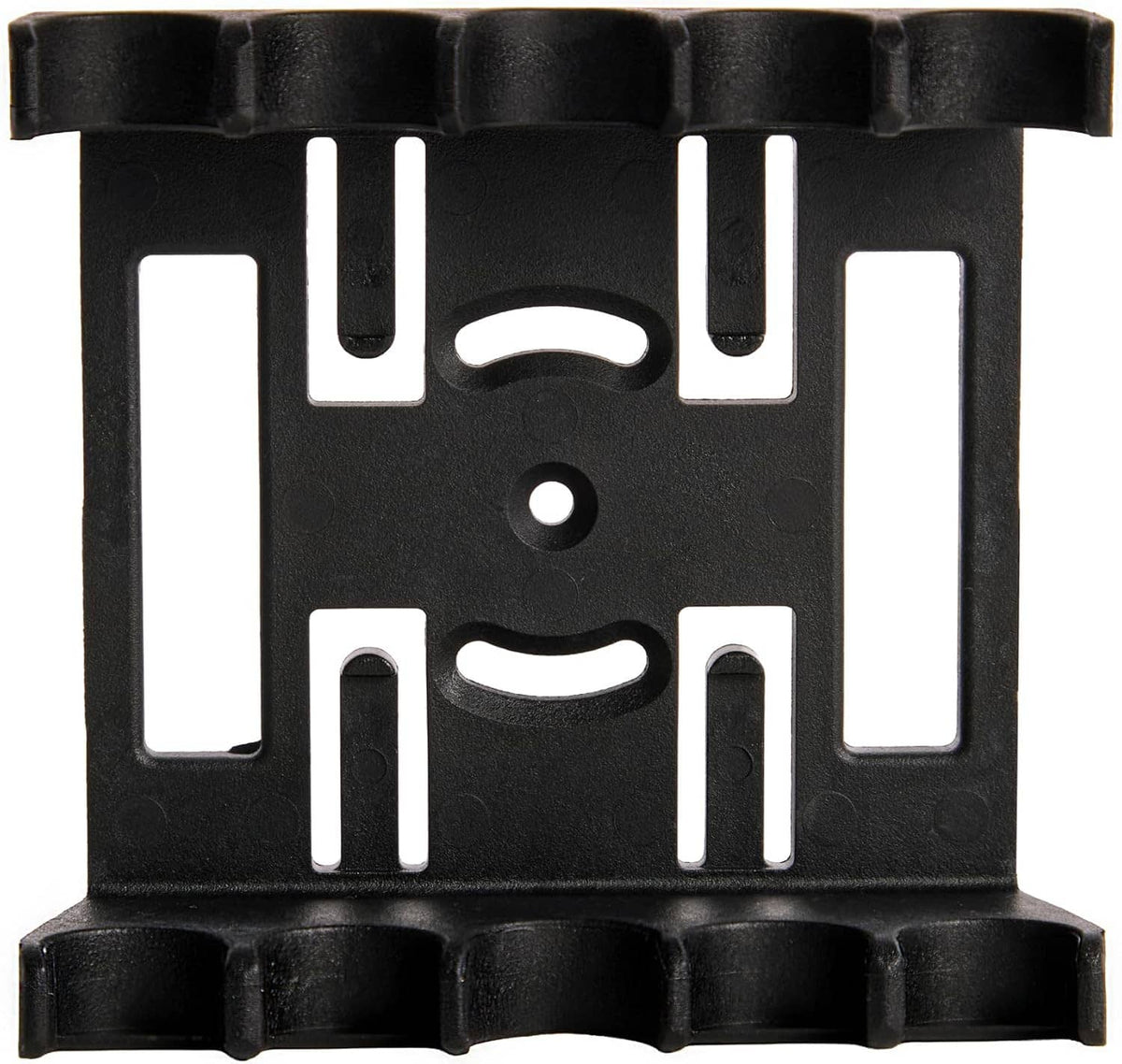 Black speed loader base with molded cartridge channels and central mounting hole