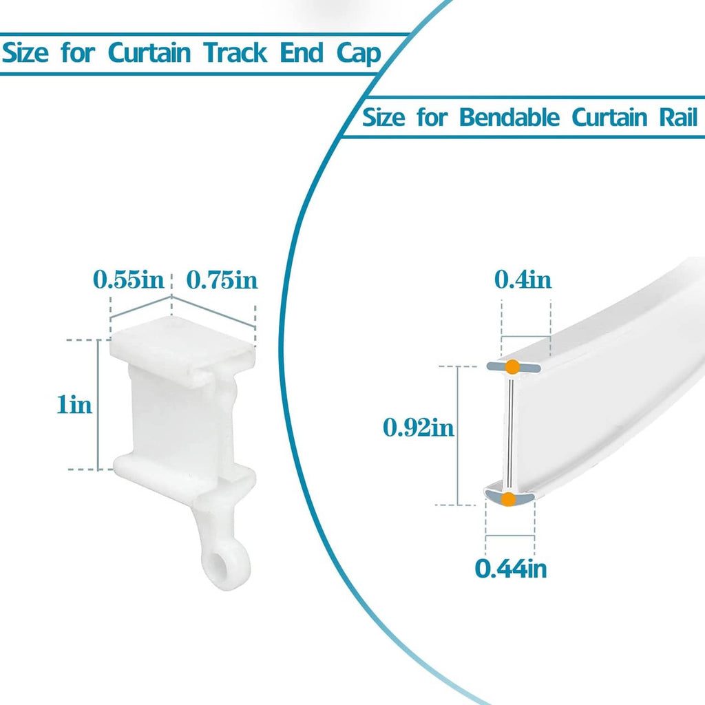 White curtain track end cap stop, shown with size markings