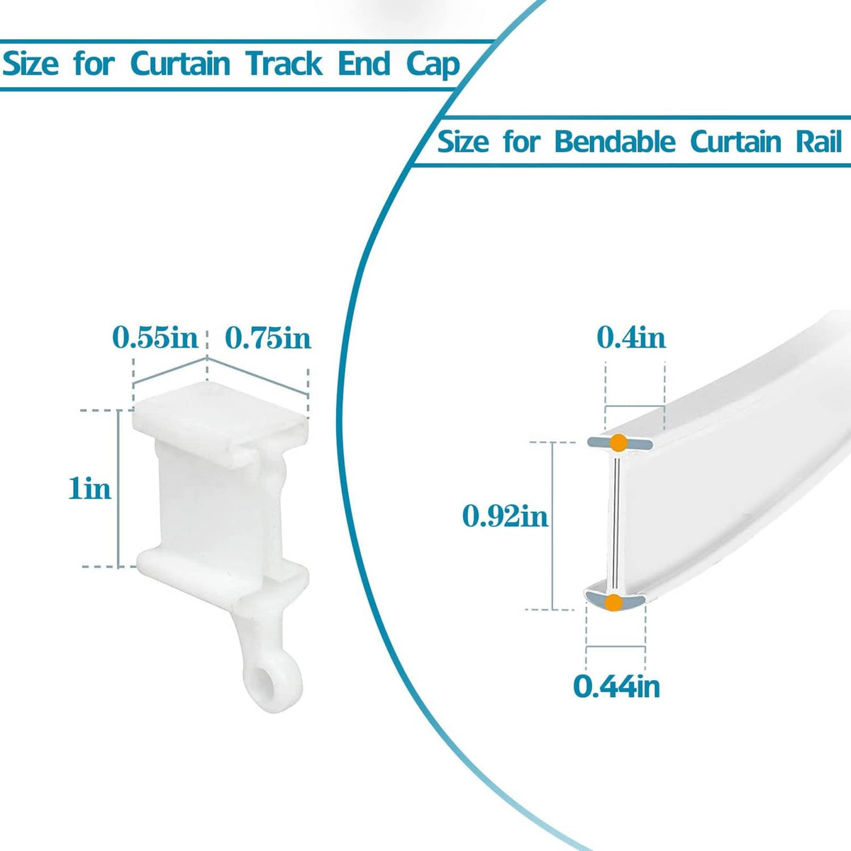 White curtain track end cap stop, shown with size markings