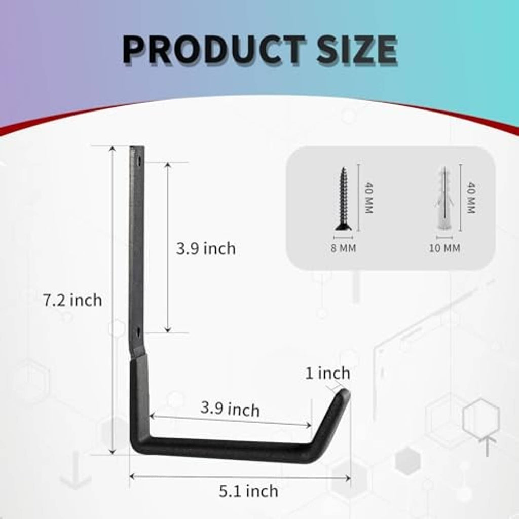 U-shaped steel wall hook with black rubber grip, shown with height and width guide