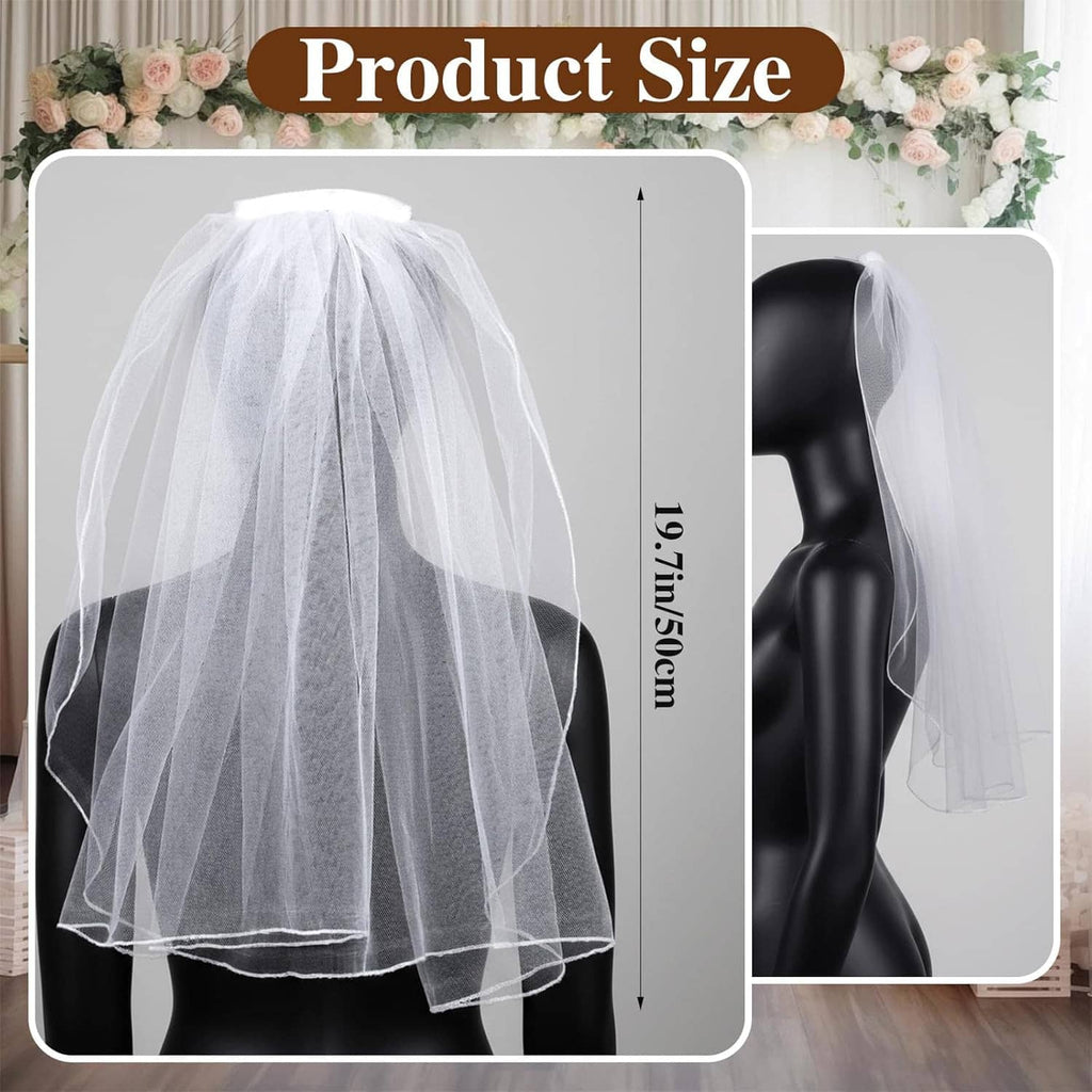 Short white veil on mannequin head, with front view and height measurement illustration