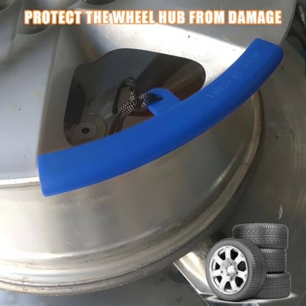 Blue rim protector pad covering the wheel lip to help prevent damage