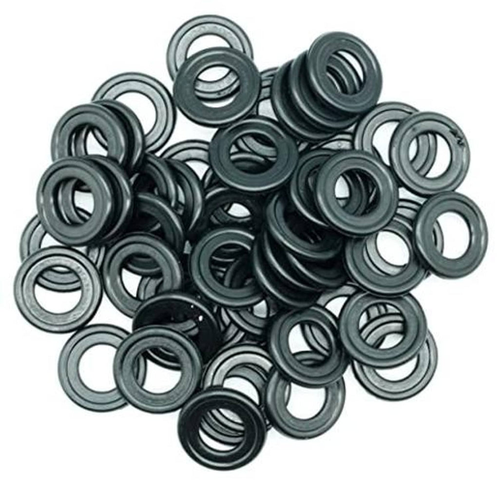 Pile of dark gray rubber drain plug gasket washers with center holes (50 pcs)