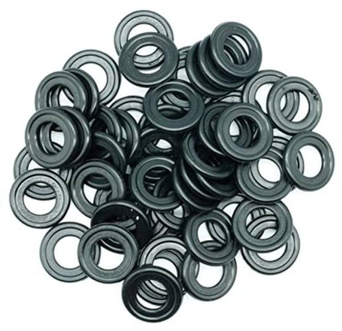 Pile of dark gray rubber drain plug gasket washers with center holes (50 pcs)