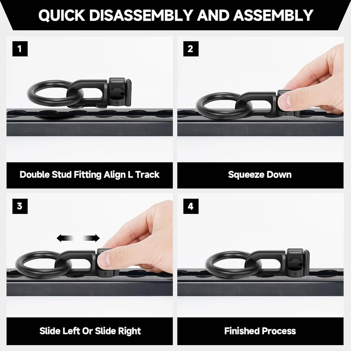 Black O-ring tie-down fitting on rail shown during assembly and tightening