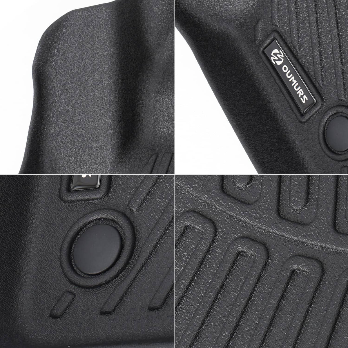 Black molded rubber floor mat with textured surface ridges and small embossed logo
