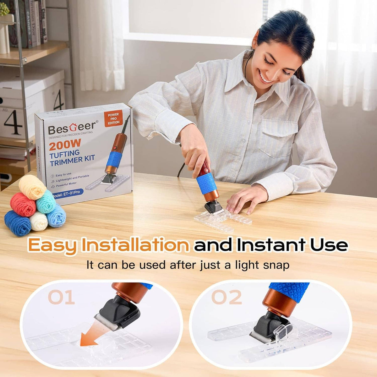 Carpet tufting trimmer tool on rug work surface with blue grip and clear guide base