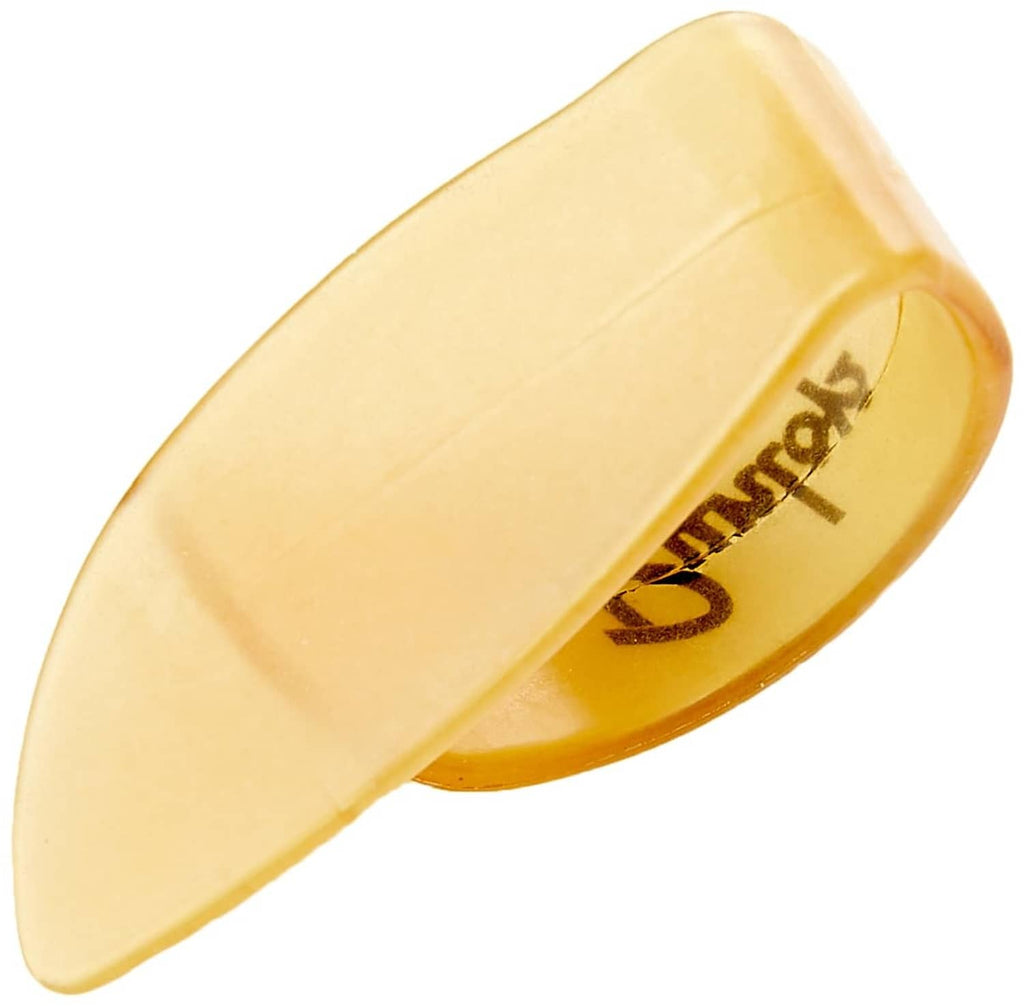 Yellow Dunlop thumbpick, L size, angled view