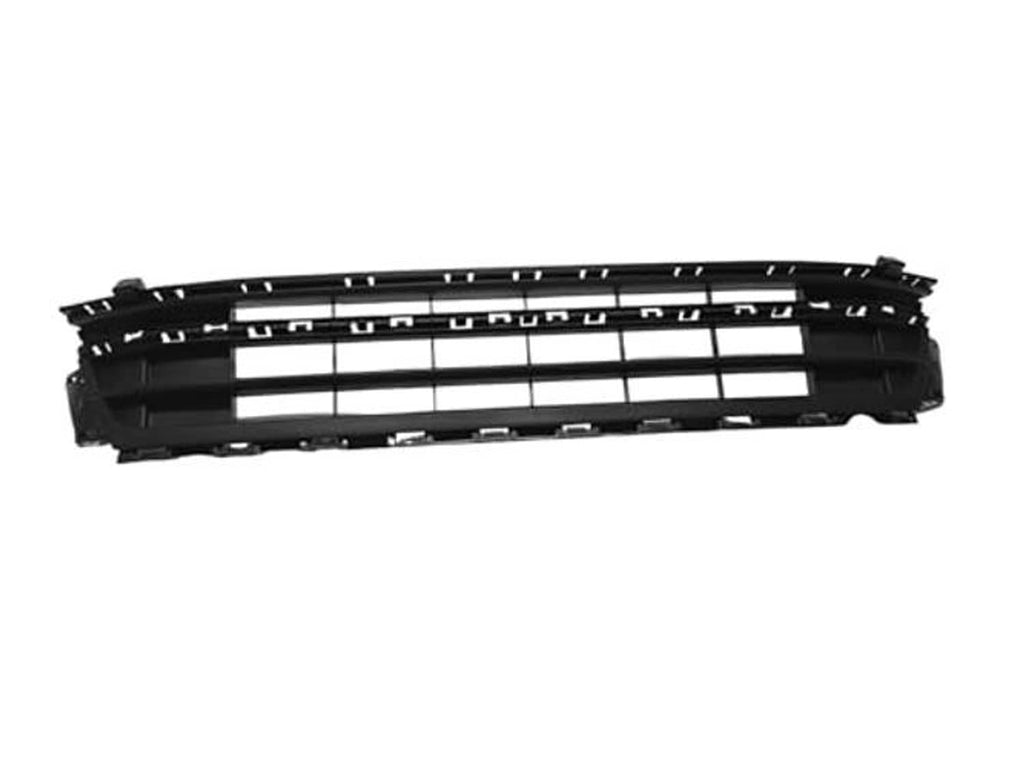 Front lower bumper grille, black plastic with center horizontal divider and slats