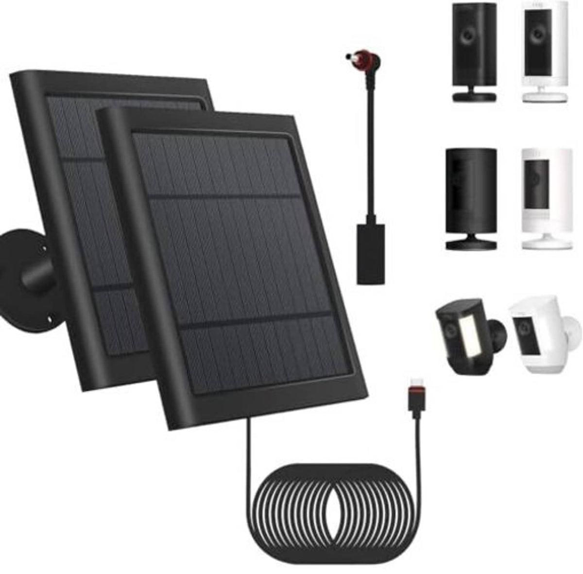 Two black solar panels with cable and small power module, plus multiple mounting pieces
