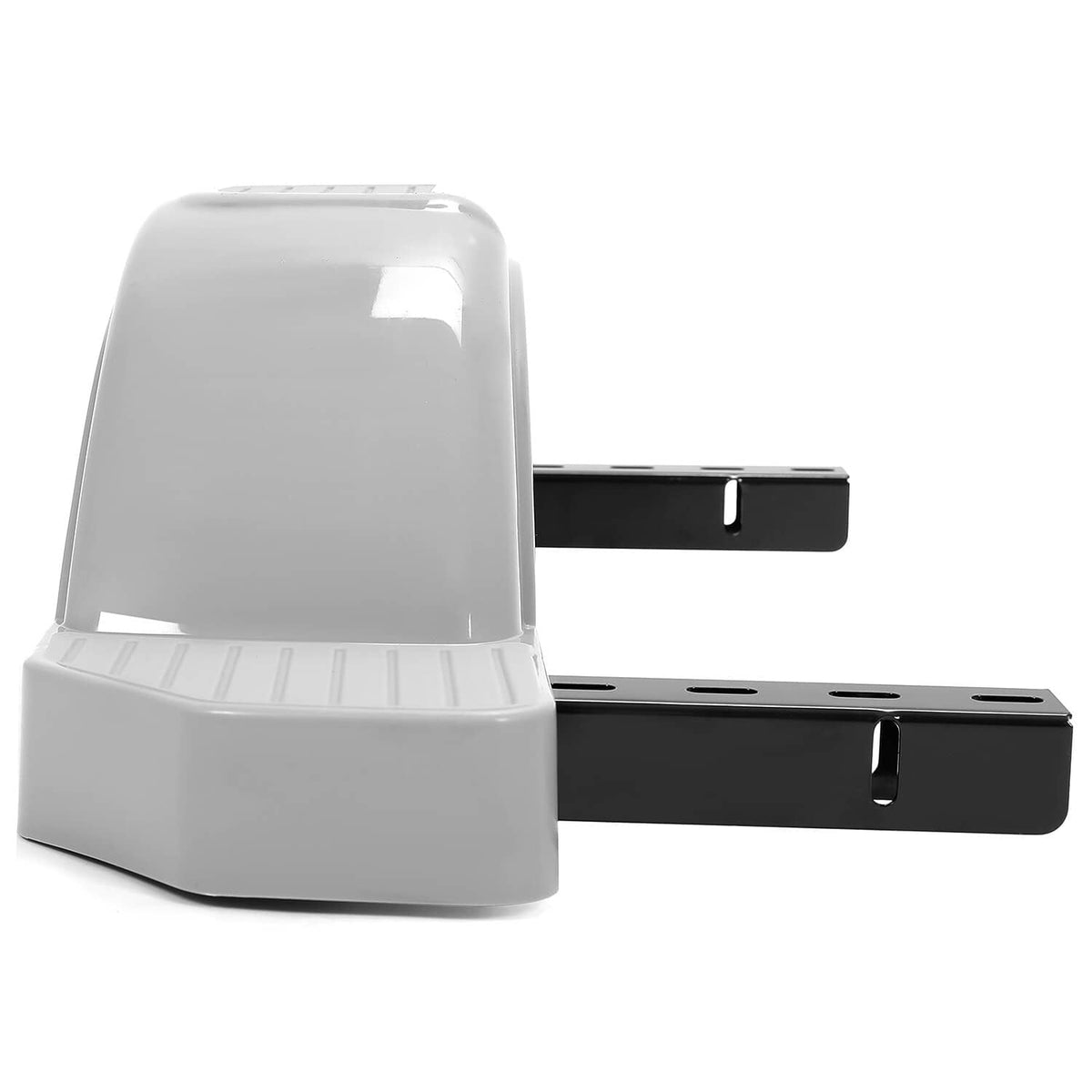 Gray trailer fender with step tread and black mounting bracket bar