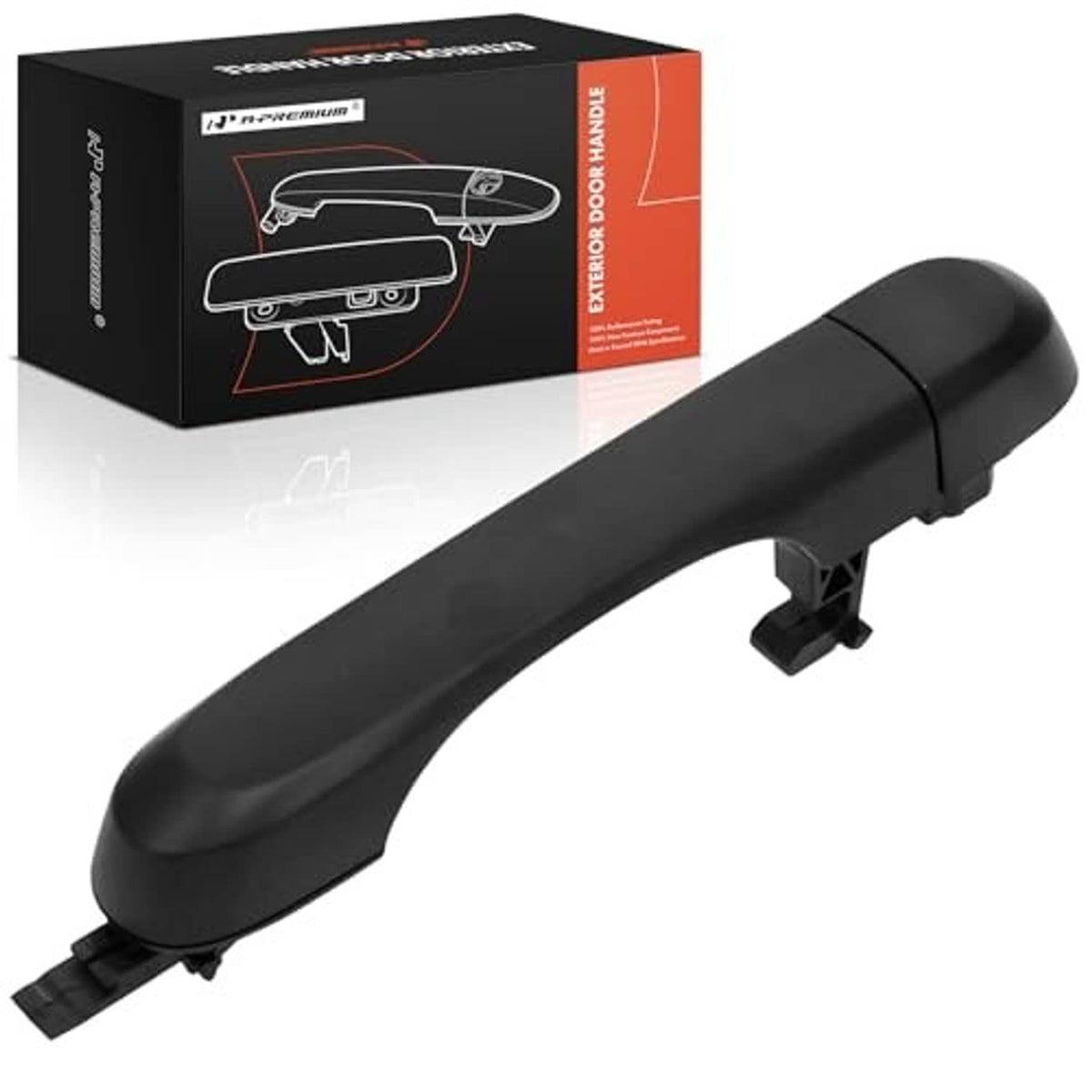 Exterior door handle, textured black finish with screw tabs and front latch opening