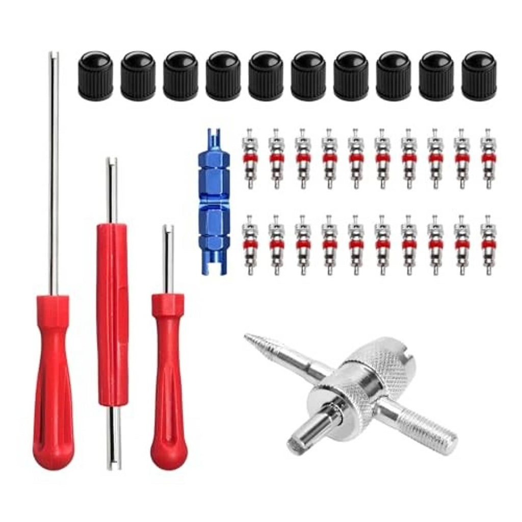 Valve stem tool kit layout with red handles, metal stems, blue core tool, and caps