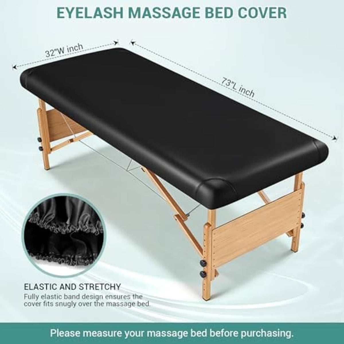 Black leather-style massage table cover protector fitted on a wooden massage bed