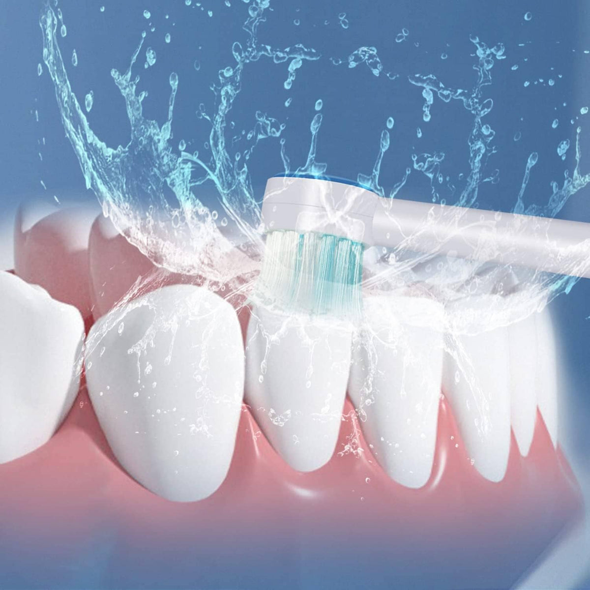 Water flosser jet tip rinsing teeth with visible water stream