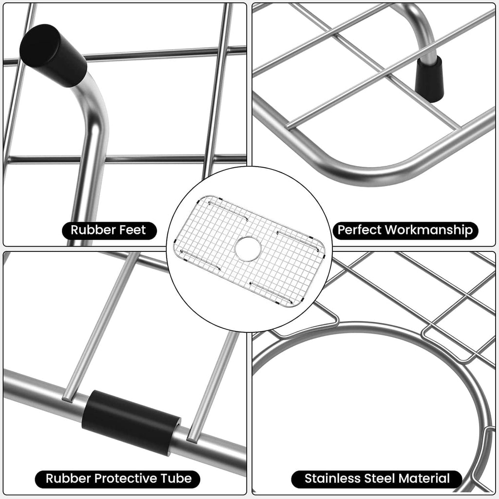Sink grid close-up with rubber feet and protective tubes on stainless steel wire