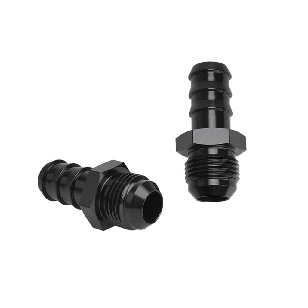 Black AN hose barb fitting set, one angled view, male threads and barbed outlet