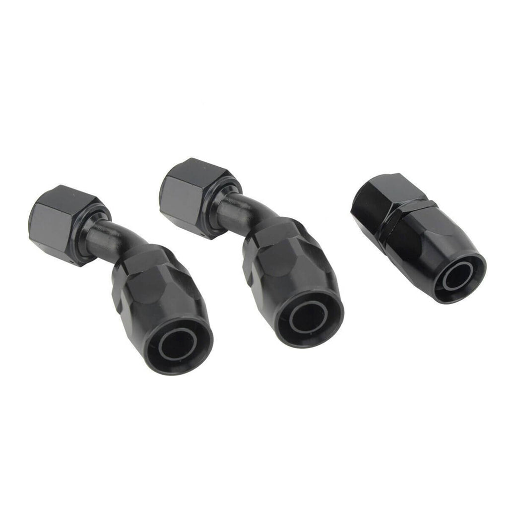 Three black oil line quick-connect fittings with hex nuts and curved ports