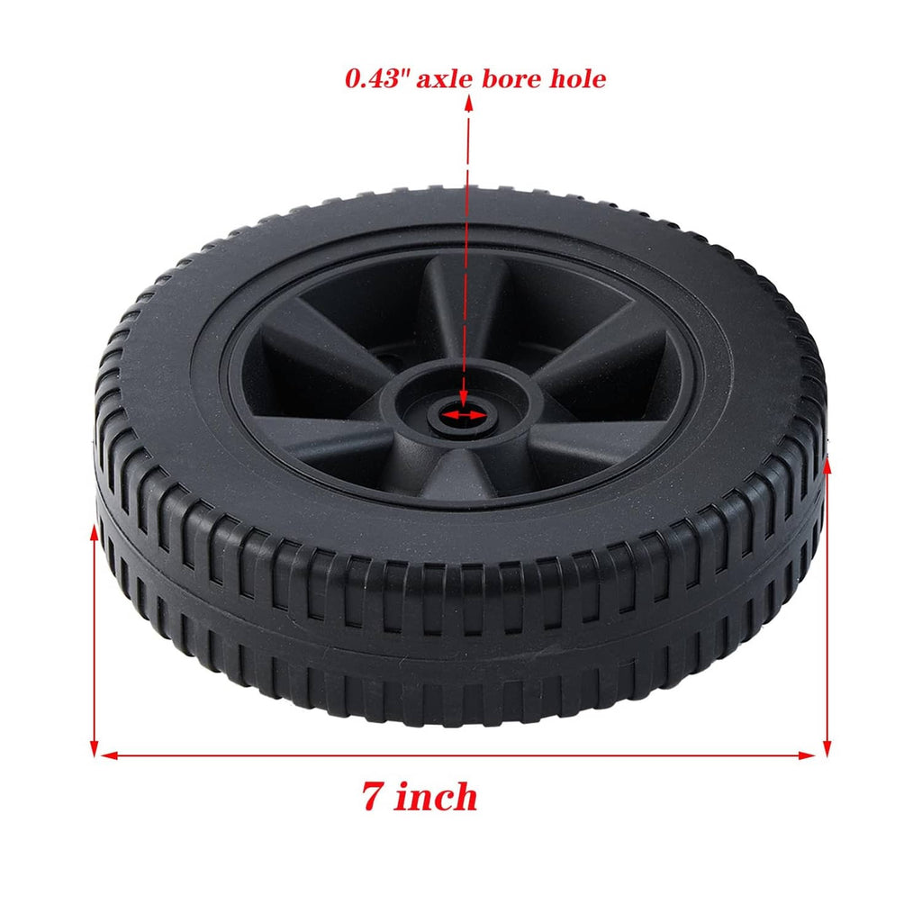 Black 7-inch wheel with deep tread and 0.43 in axle bore hole