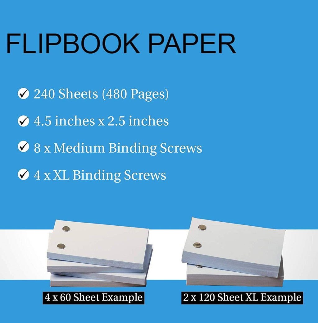 Flip book paper pack showing blank sheets and medium/XL binding screw sets