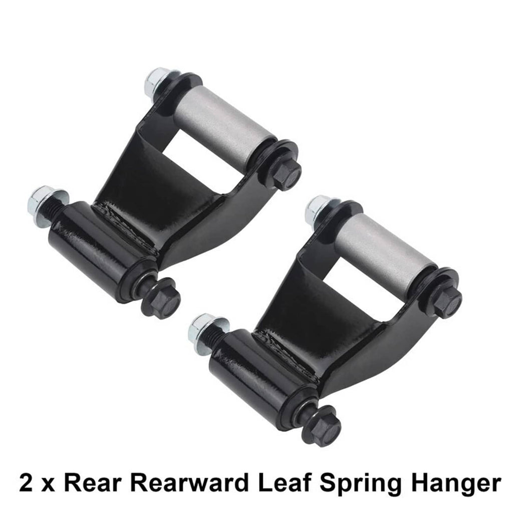 Two black rear leaf spring shackles with silver bushings, compact pair setup