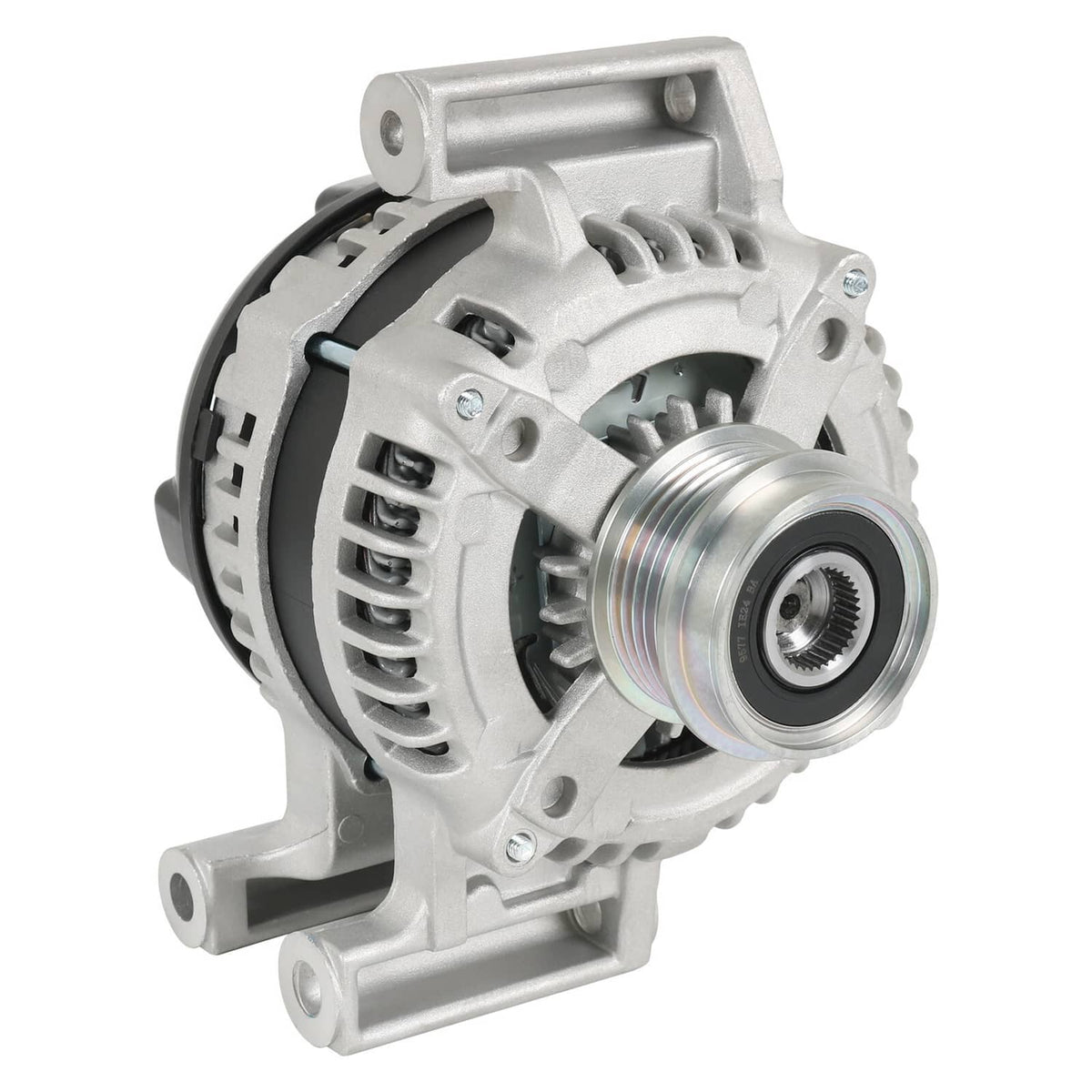 Automotive alternator with pulley and front housing, silver finish and wiring connectors
