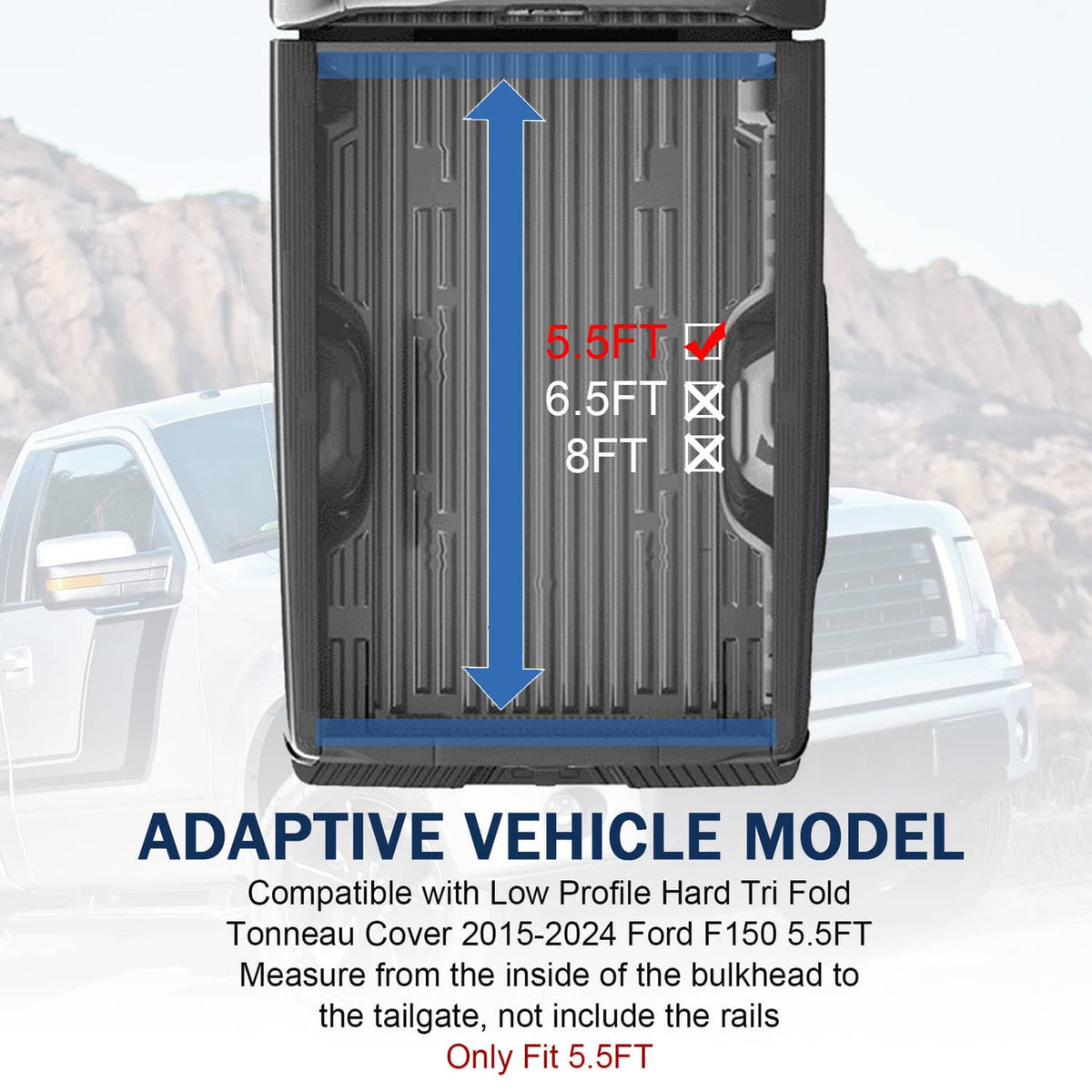 Ribbed black hard tri-fold tonneau cover panel with extended bed fit
