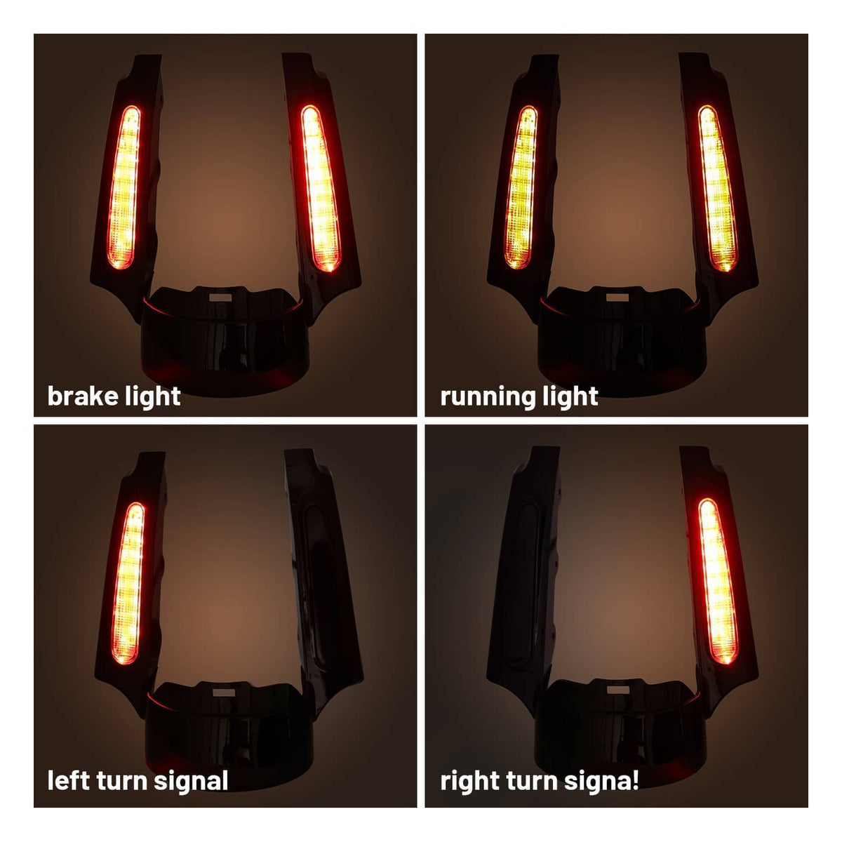 Rear fender LED light fascia modes: brake, running, left and right turn signals shown