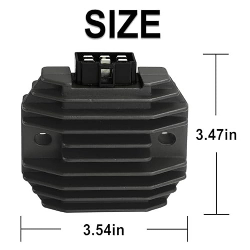 Voltage regulator rectifier with size markings: 3.54 in x 3.47 in