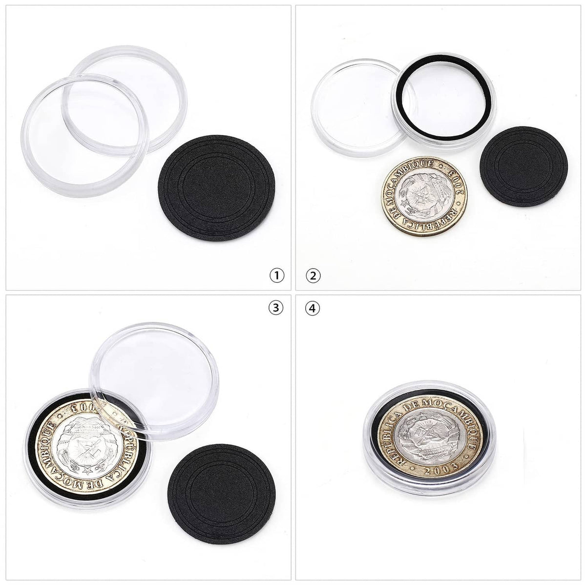 Coin capsule holders with black foam discs, shown with coins in four views