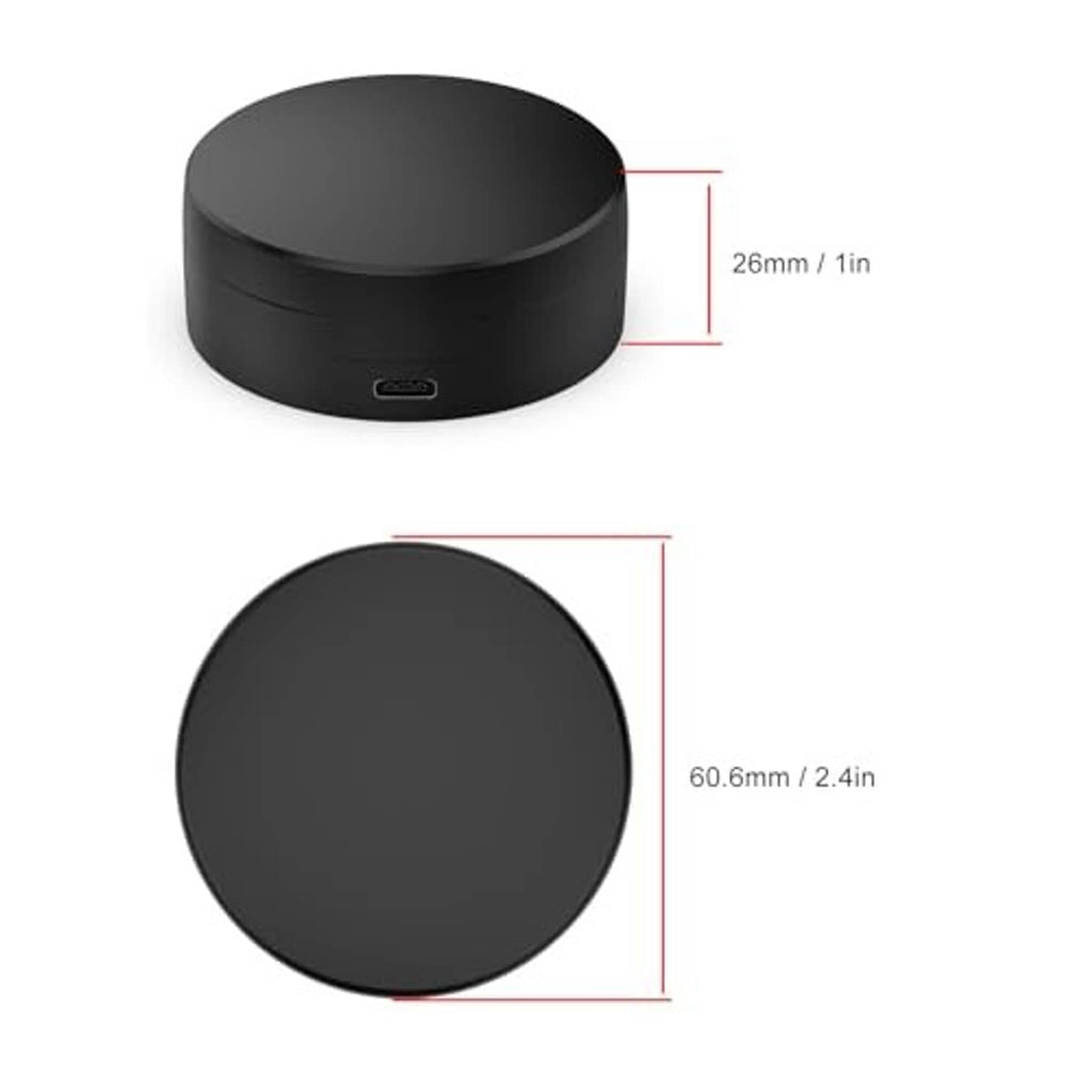 Black charging dock with USB port shown with approximate size dimensions