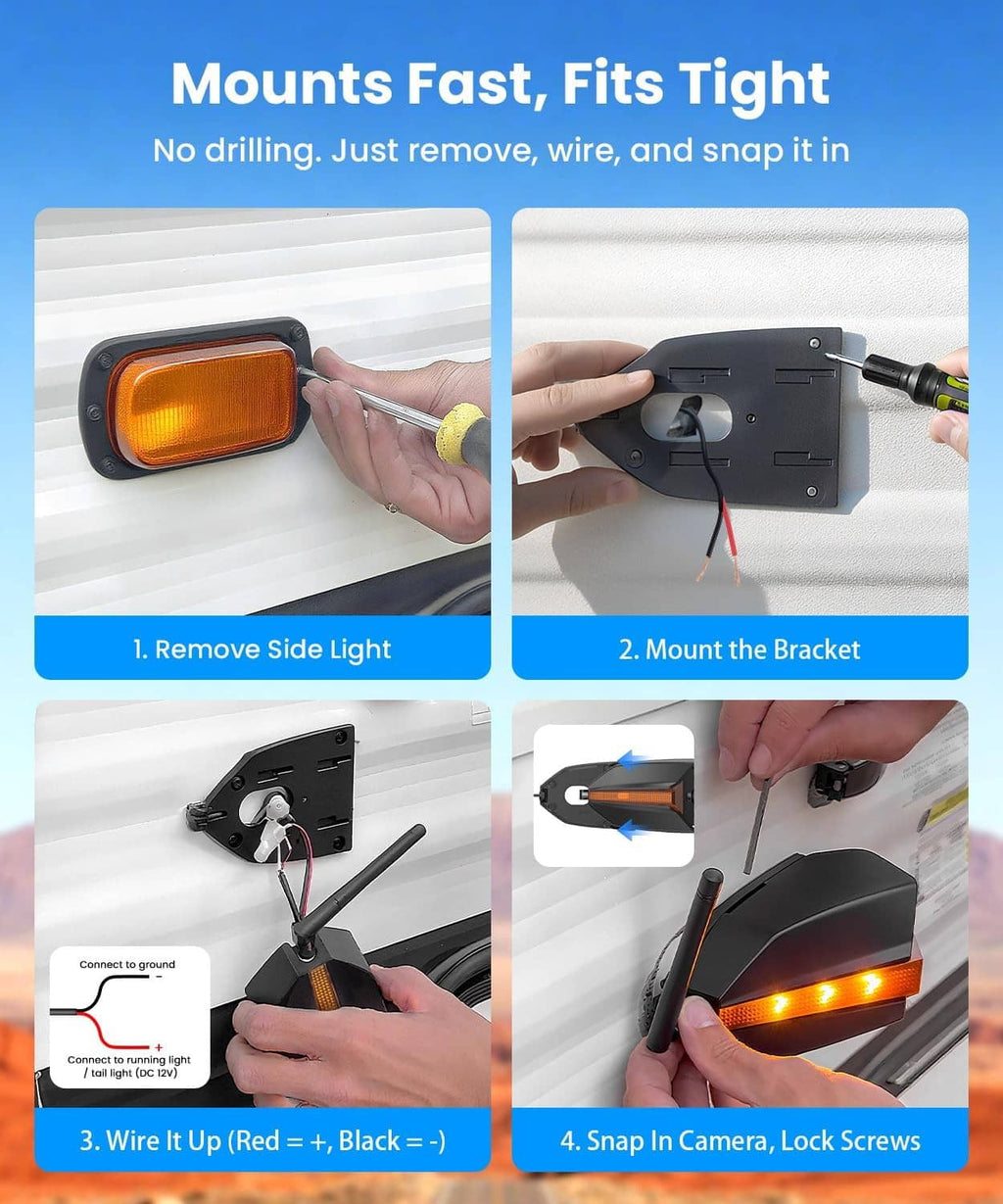 Side backup camera with amber LED bar and mounting bracket shown during installation