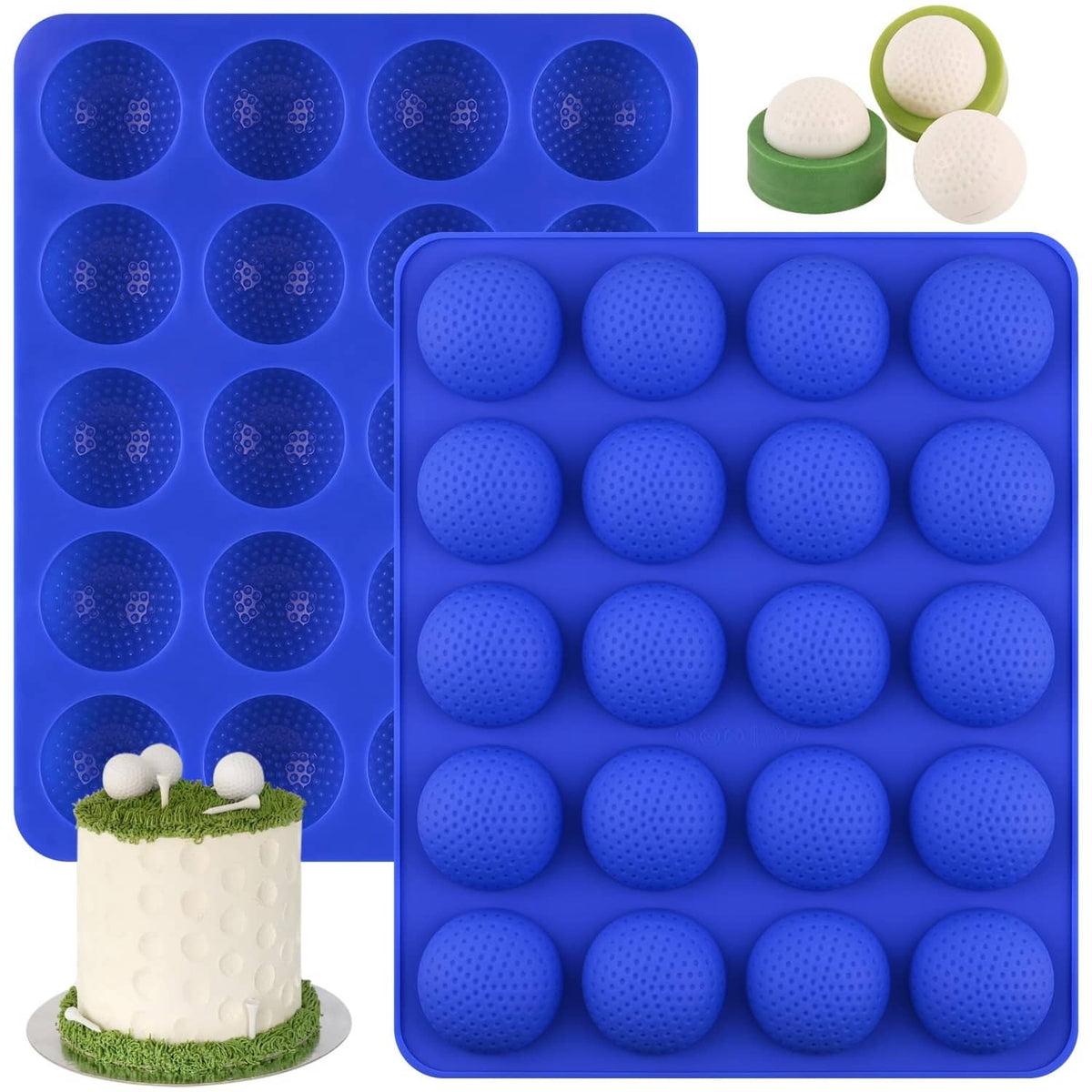 Blue silicone golf ball mold tray set with 16 round cavities and two mold halves