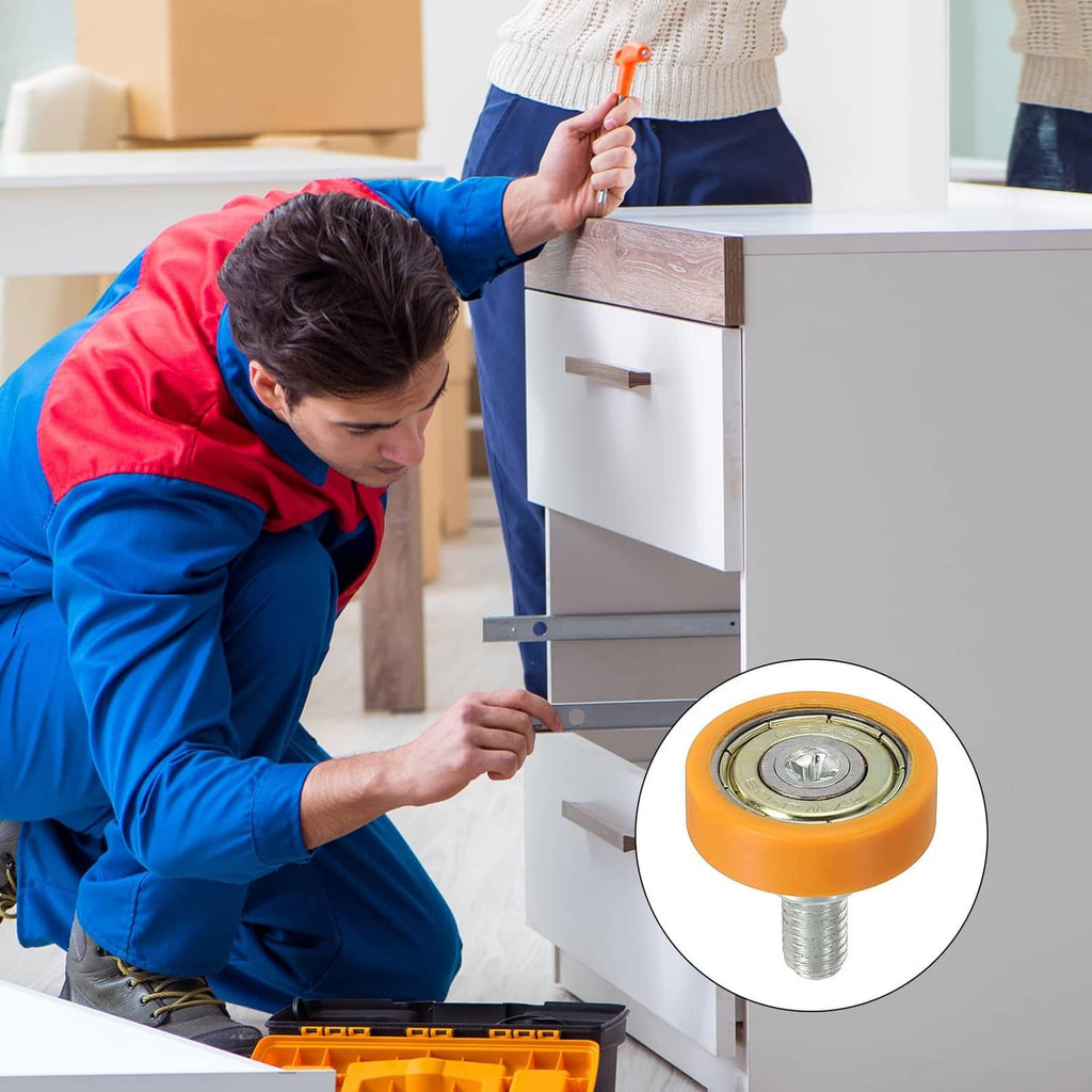 Orange plastic drawer roller with metal pulley wheel and threaded bolt (detail)