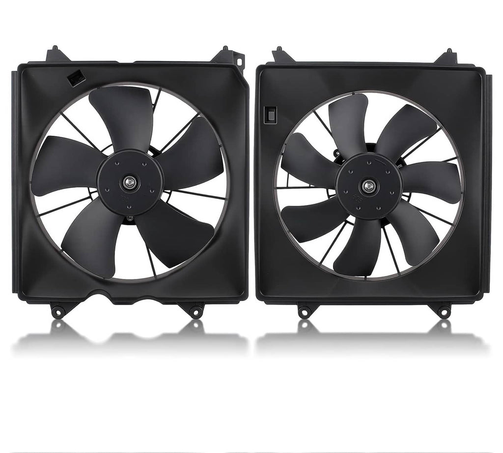 Dual radiator cooling fan assembly with black blades and square mounting frame