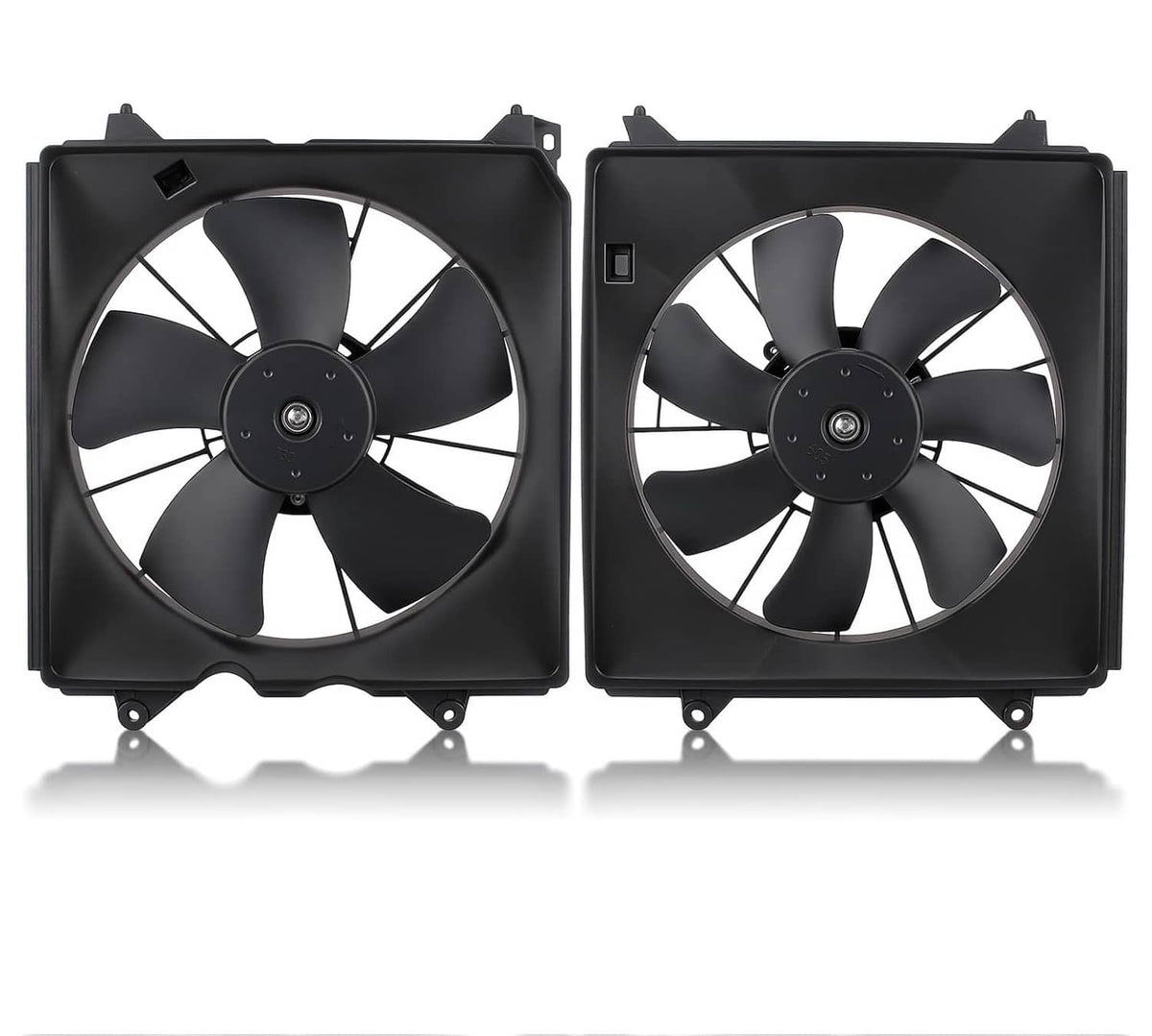 Dual radiator cooling fan assembly with black blades and square mounting frame