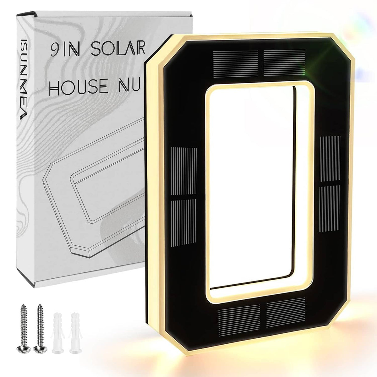 Solar house number light, black frame with glowing white digit 9