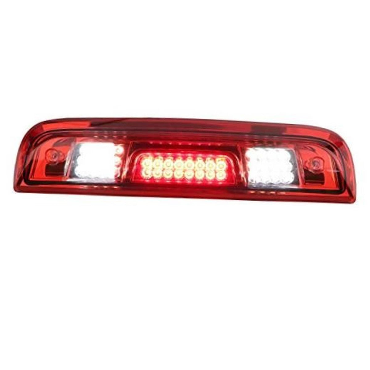 Red LED third brake light housing with central red LED bar and two white side lights