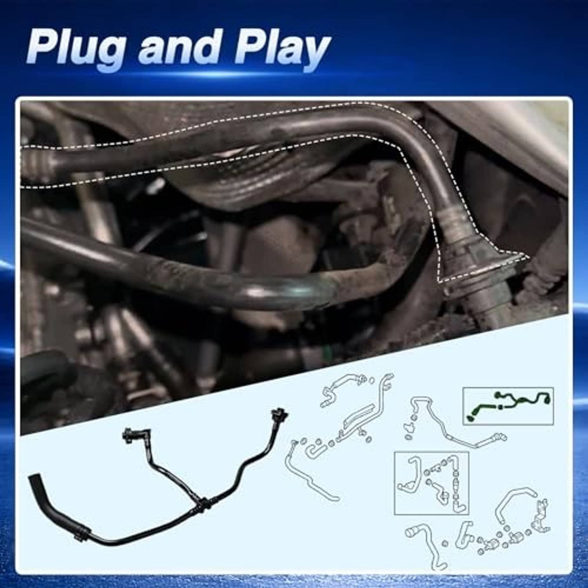 Black coolant hose kit with end fittings and metal clamp ring