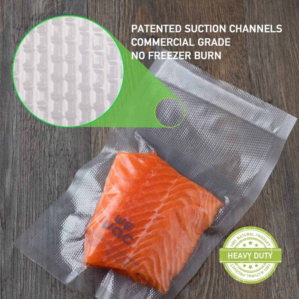 Vacuum sealer bags filled with salmon and meat, clear bags and white sealing roll film