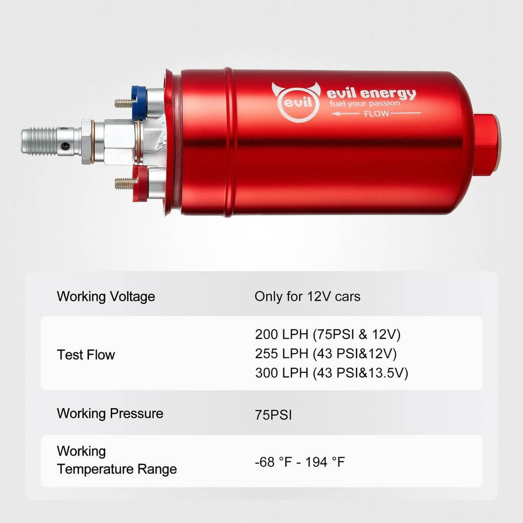Red inline electric fuel pump with spec panel showing voltage and flow ratings