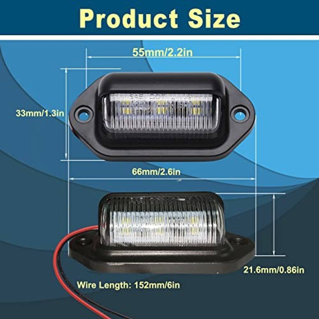 Black LED license plate light with clear lens, mounting holes, and red/black wires (size view)