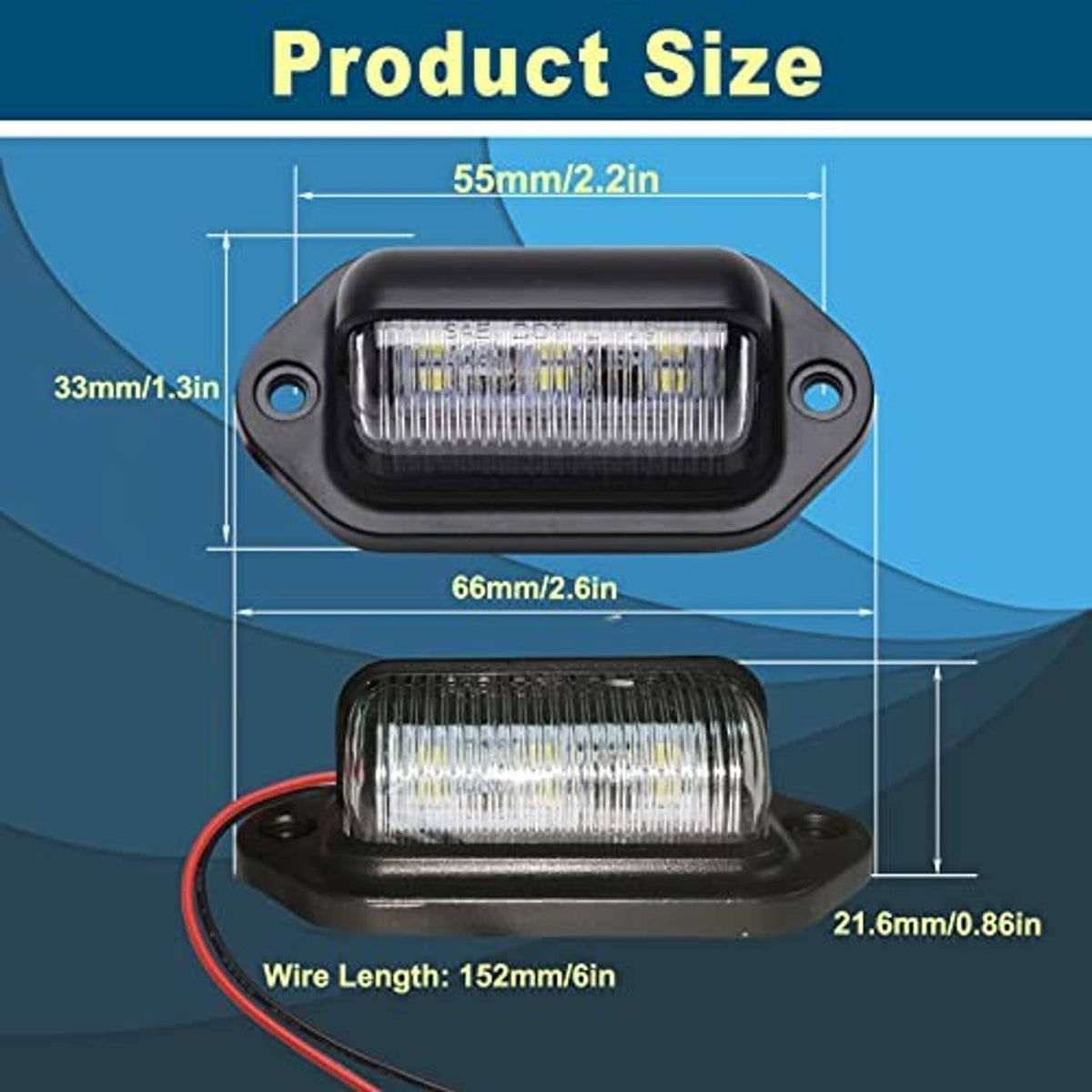 Black LED license plate light with clear lens, mounting holes, and red/black wires (size view)