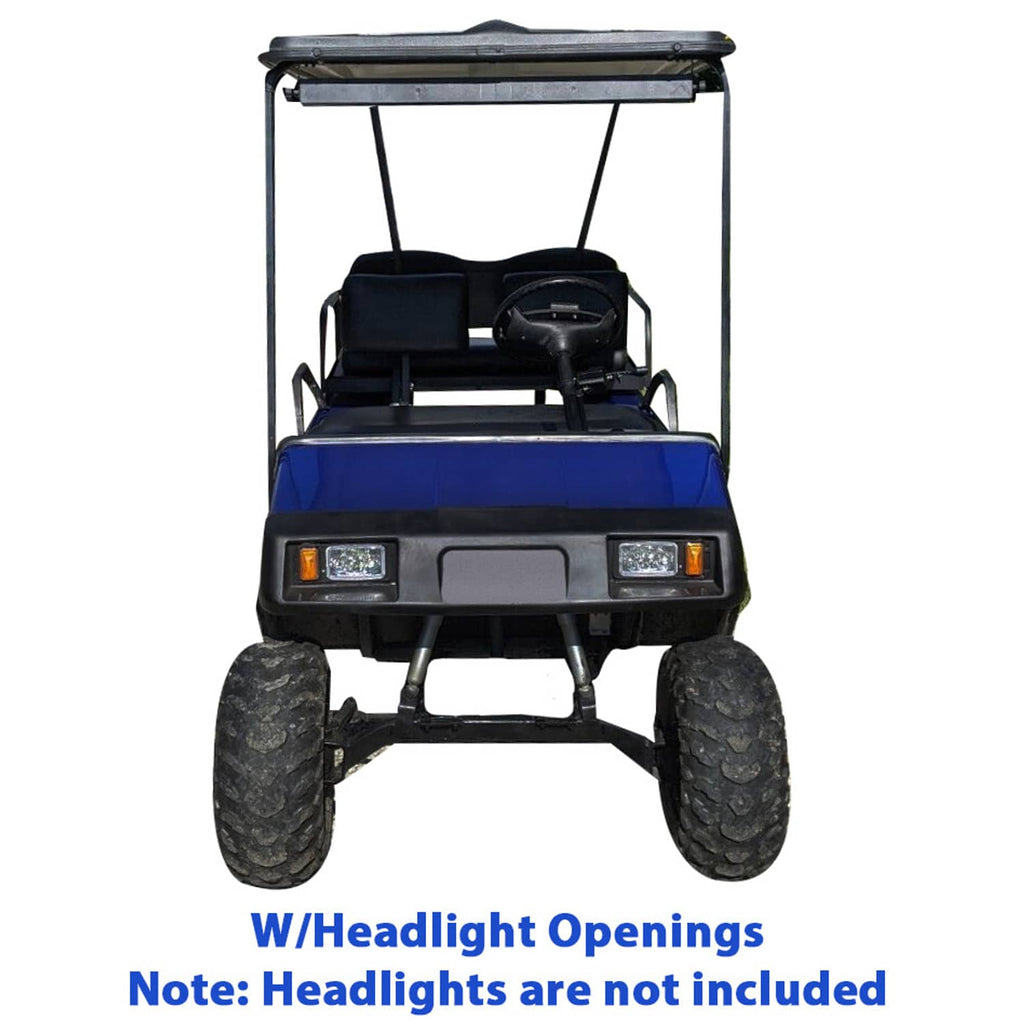 Golf cart front cowl panel with headlight openings on blue utility cart