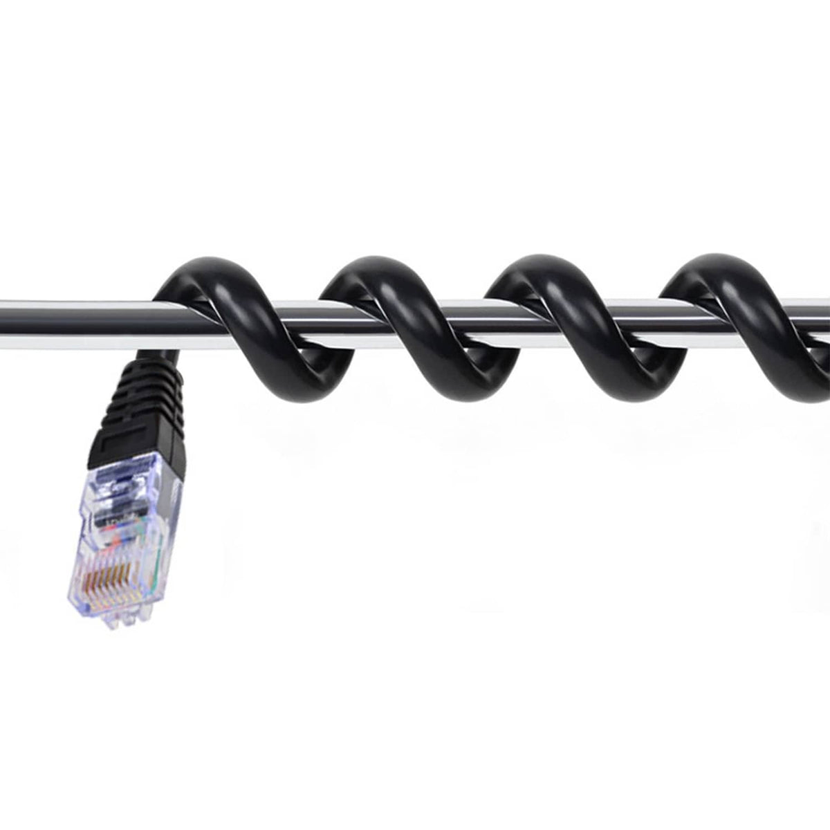 Twisted black cable with RJ45 plug end, molded connector housing
