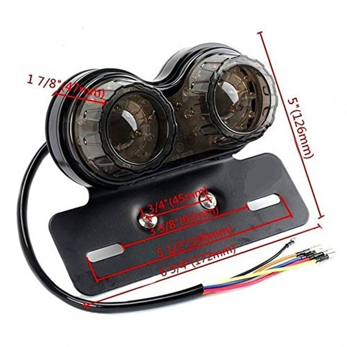Motorcycle tail light with black dual LED lenses, license plate bracket, and wiring leads